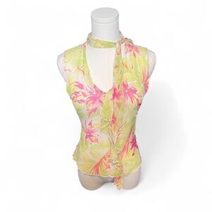 Worthington Green and Pink Floral Scarf Beaded Top